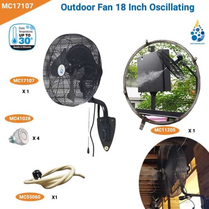 Outdoor Wall Mounted Fan - 18 Inch Oscillating Black Fan - Misting Fan with Misting Fan Ring